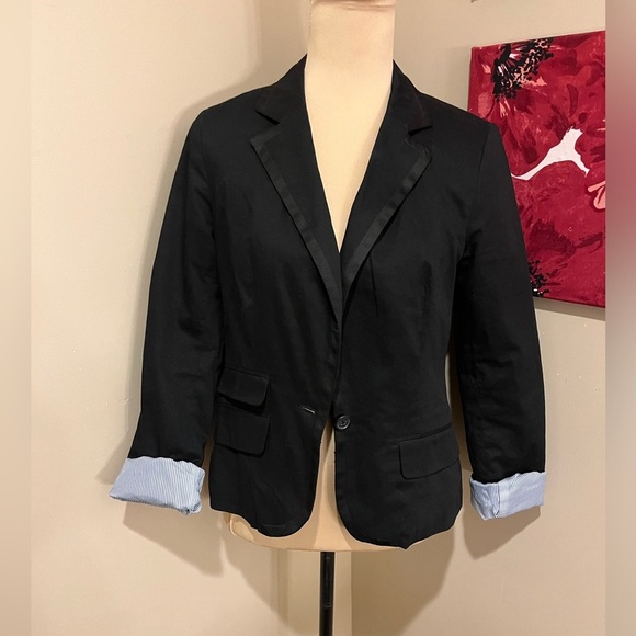 American Eagle Black Blazer with satin blue/white striped sleeve lining, Small - Picture 5 of 8
